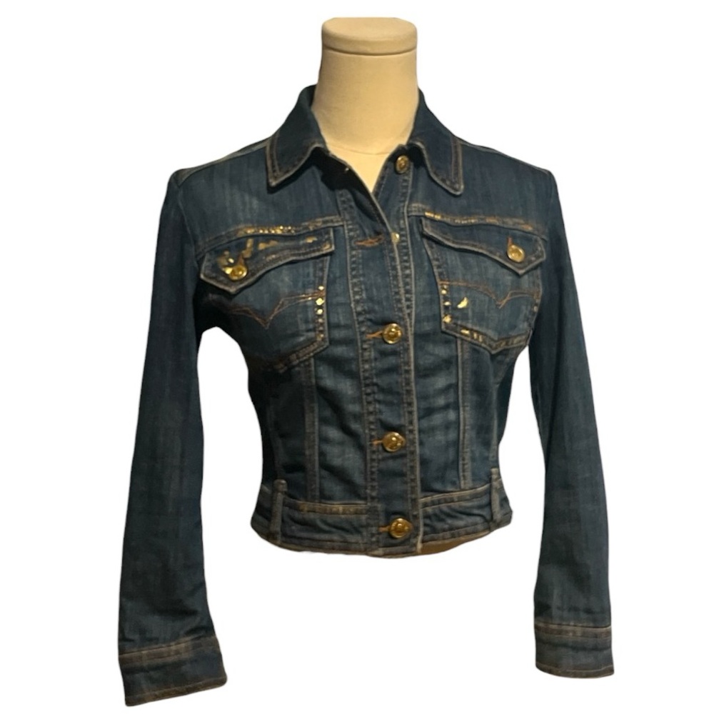 Versace Jeans Couture Cropped Denim Jacket with gold painted accents Size S.